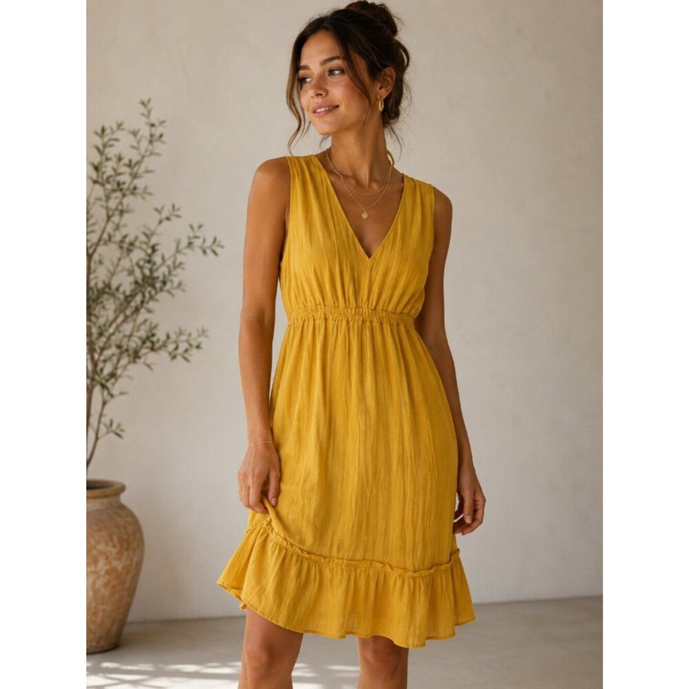 NWT Mustard Yellow Midi Dress Cottagecore Boho Prairie Sundress Summer